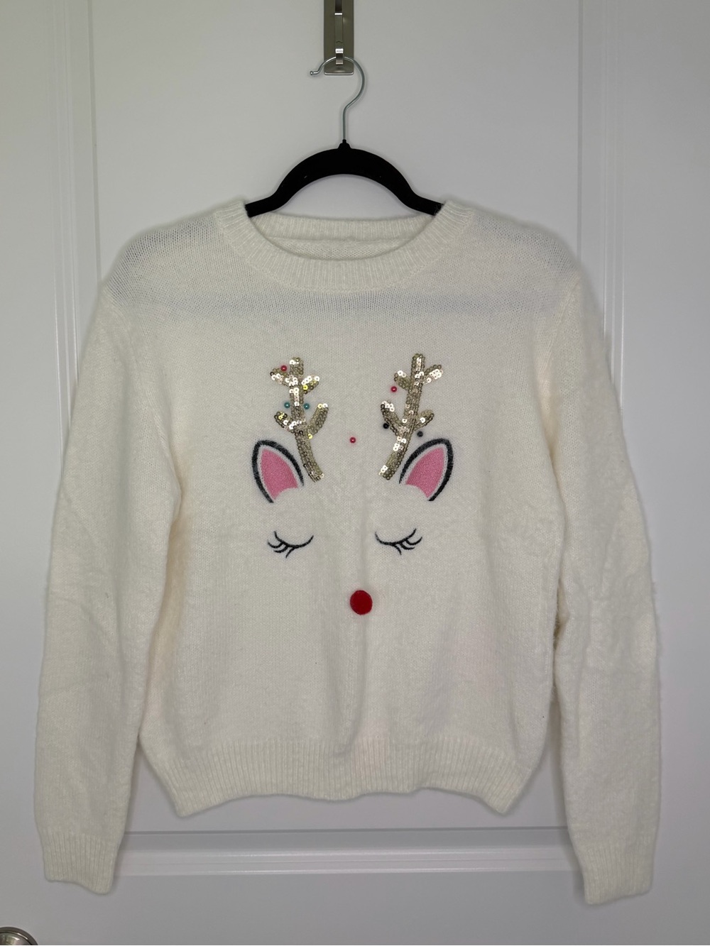 Reindeer Ugly Christmas Sweater Sequin Rudolph Fuzzy White Size M